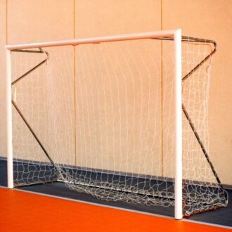 Coppia porte calcetto 3x2 metri in acciaio sez. diam. 80 mm., fisse con bussole CERTIFICATE UNI EN 749